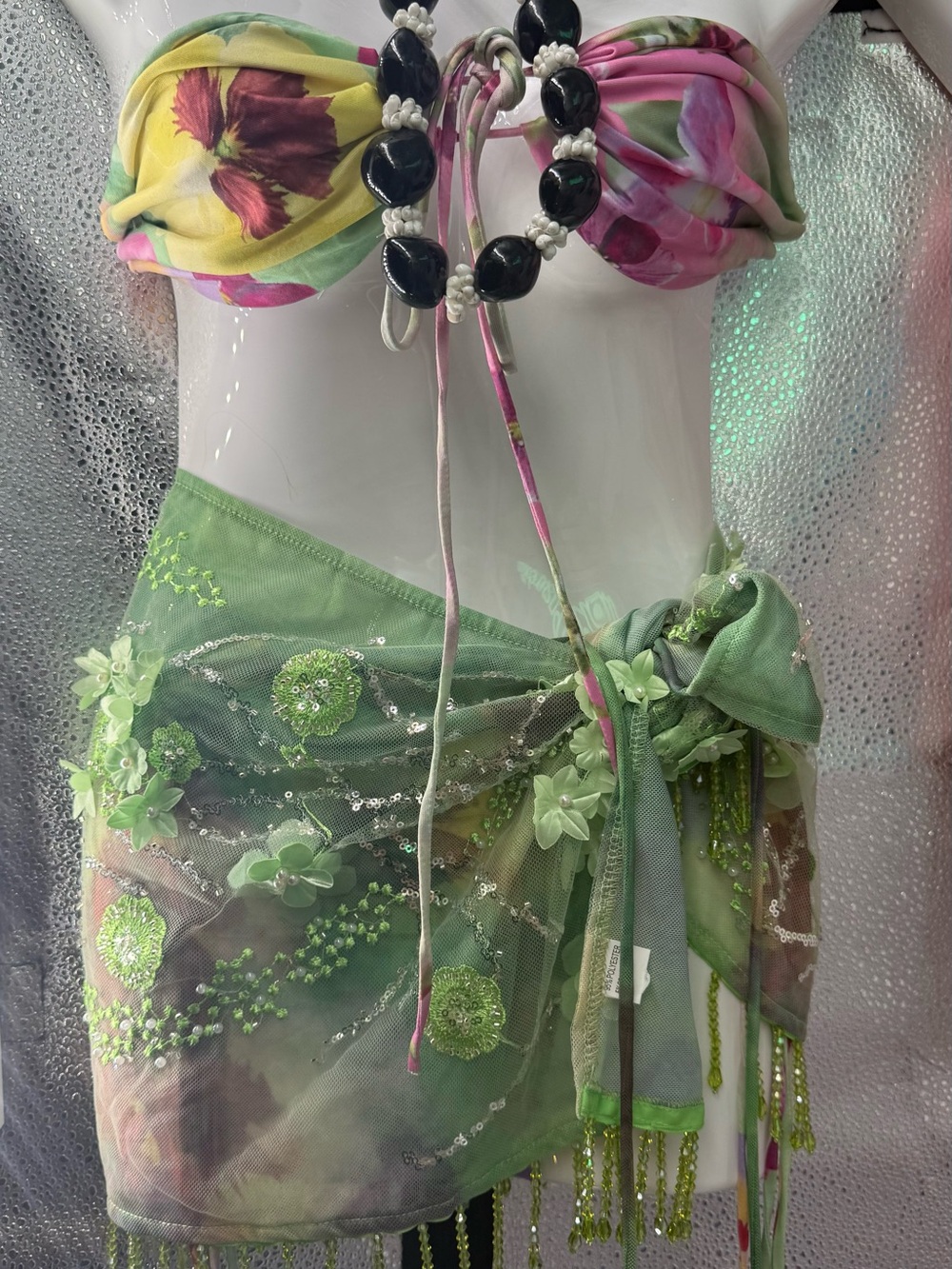 Source Unknown Pink and Yellow Floral Bandeau Bikini with Green Beaded Sarong